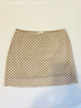 STR Checkerprint Mini Skirt Mesh Double Layered Beige & Taupe Brown Size Medium